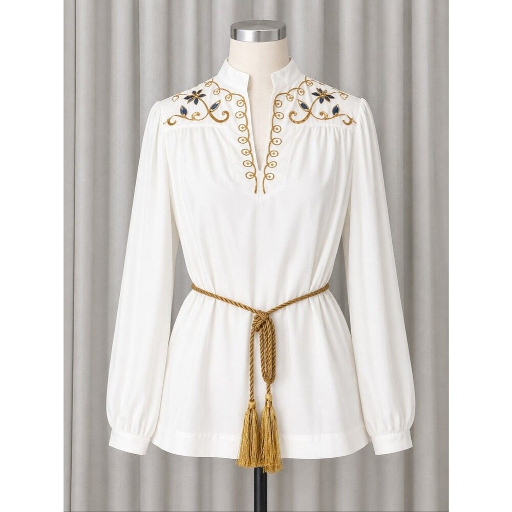 Vintage Caron Chicago White  Embellished Belted Blue Accents Western Boho Blouse